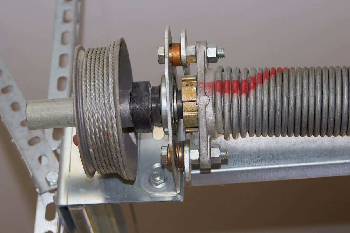 garage door mechanism with roller and cable and spring
